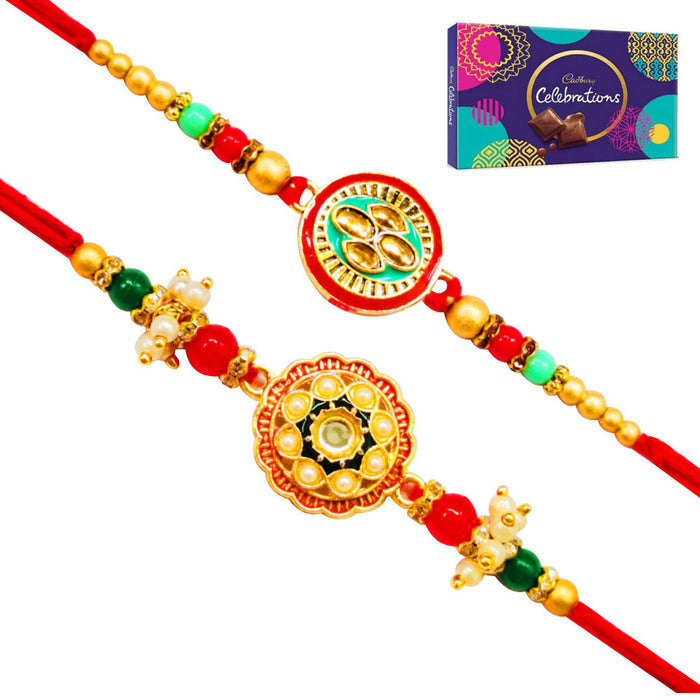 2 Rakhi - Designer Round Pendant Rakhi With Chocolates