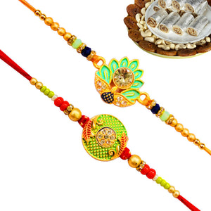 2 Rakhi - Green Rakhi Set With Indian Sweets