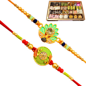 2 Rakhi - Green Rakhi Set With Indian Sweets