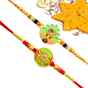 2 Rakhi - Green Rakhi Set With Indian Sweets