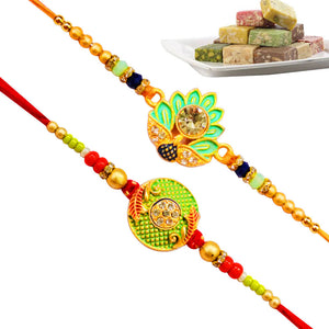 2 Rakhi - Green Rakhi Set With Indian Sweets