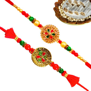 2 Rakhi - Beautiful Round Pendant Rakhi With Indian Sweets