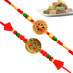 2 Rakhi - Beautiful Round Pendant Rakhi With Indian Sweets