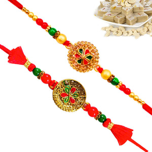 2 Rakhi - Beautiful Round Pendant Rakhi With Indian Sweets