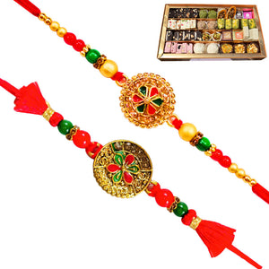 2 Rakhi - Beautiful Round Pendant Rakhi With Indian Sweets