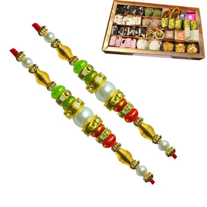 2 Rakhi - Pearl Rakhi With Indian Sweets