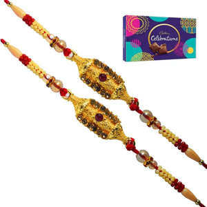 2 Rakhi - Beautiful Golden Color Rakhi With Chocolate Pack