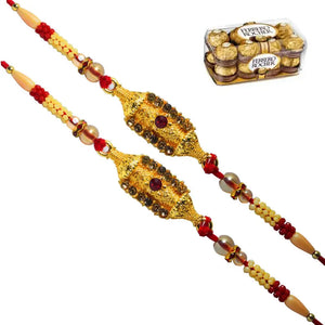 2 Rakhi - Beautiful Golden Color Rakhi With Chocolate Pack