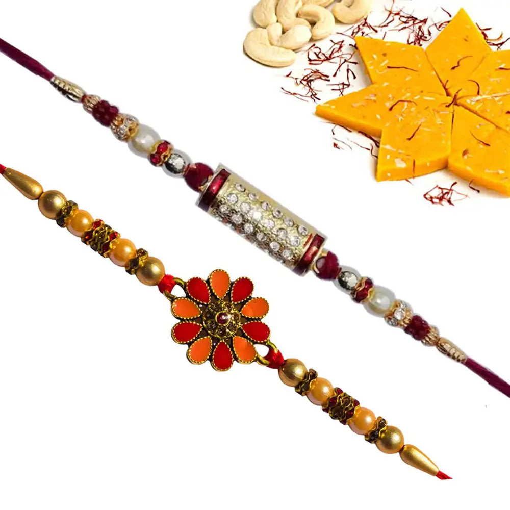 2 Rakhi - Flower and American Diamond Rakhi With Indian Sweets