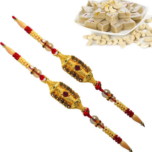 2 Rakhi - Golden Rakhi Set With Indian Sweets