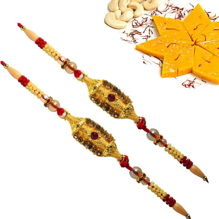 2 Rakhi - Golden Rakhi Set With Indian Sweets