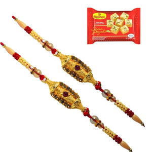 2 Rakhi - Golden Rakhi Set With Indian Sweets