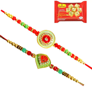 2 Rakhi - Green Pendant Rakhi Set With Indian Sweets