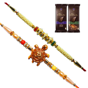 2 Rakhi - OM and Pearls Rakhi with Chocolate Box