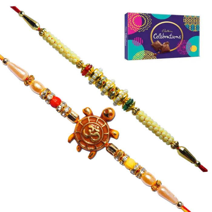 2 Rakhi - OM and Pearls Rakhi with Chocolate Box