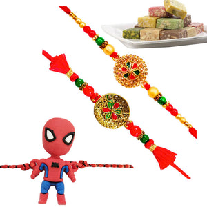 3 Rakhi - Colorful Rakhi Set And Kids Rakhi With Indian Sweet