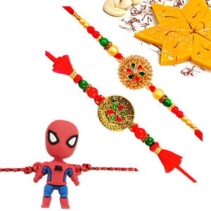 3 Rakhi - Colorful Rakhi Set And Kids Rakhi With Indian Sweet