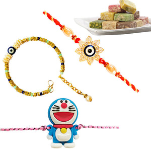 3 Rakhi - Family Rakhi Set With Indian Sweet