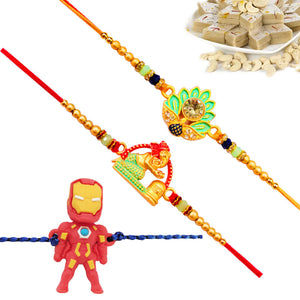 3 Rakhi - Fancy Rakhi Set With Indian Sweets