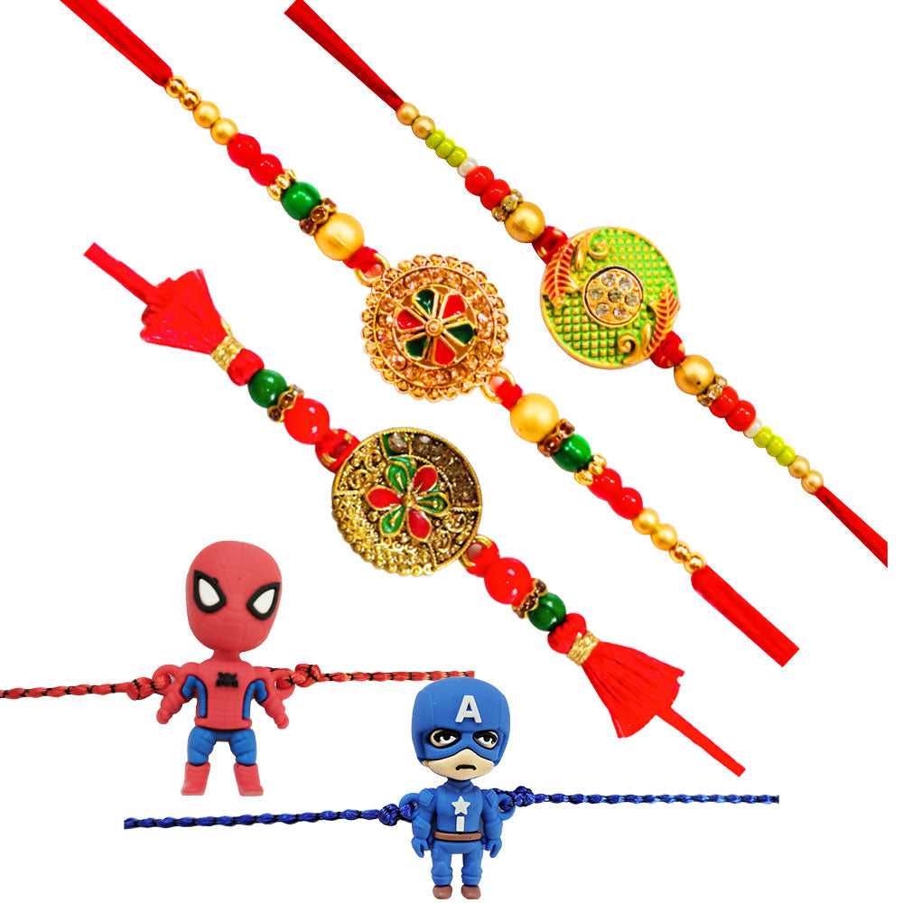 5 Rakhi - Fancy Rakhi Set With Kids Rakhi