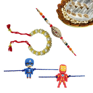 4 Rakhi - Bhaiya Bhabhi And Marvel Kids Rakhi Set With Indian Sweet