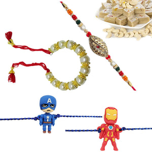 4 Rakhi - Bhaiya Bhabhi And Marvel Kids Rakhi Set With Indian Sweet