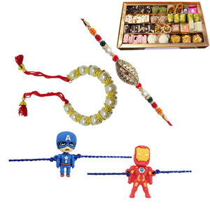 4 Rakhi - Bhaiya Bhabhi And Marvel Kids Rakhi Set With Indian Sweet