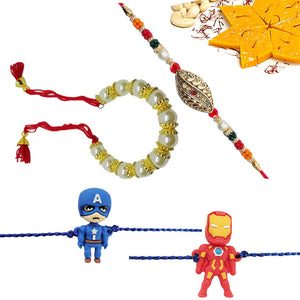 4 Rakhi - Bhaiya Bhabhi And Marvel Kids Rakhi Set With Indian Sweet