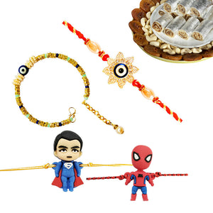 4 Rakhi - Bhaiya Bhabhi, Superman And Spiderman Rakhi Set With Indian Sweets