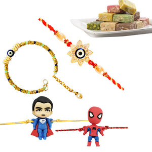 4 Rakhi - Bhaiya Bhabhi, Superman And Spiderman Rakhi Set With Indian Sweets