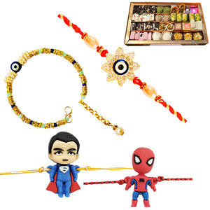 4 Rakhi - Bhaiya Bhabhi, Superman And Spiderman Rakhi Set With Indian Sweets