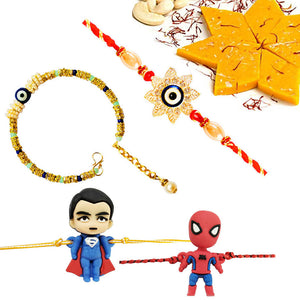 4 Rakhi - Bhaiya Bhabhi, Superman And Spiderman Rakhi Set With Indian Sweets