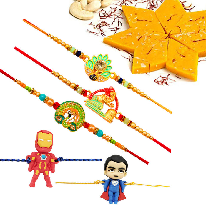 5 Rakhi - Beautiful Rakhi Set With Indian Sweets