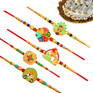 5 Rakhi - Beautiful Rakhi Set With Indian Sweets