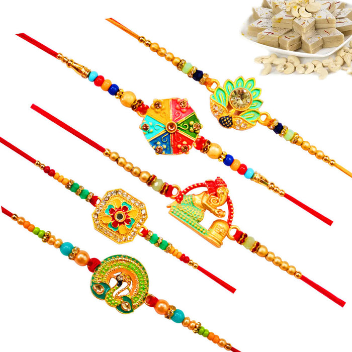 5 Rakhi - Beautiful Rakhi Set With Indian Sweets