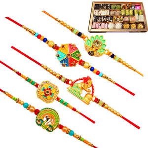 5 Rakhi - Beautiful Rakhi Set With Indian Sweets