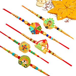 5 Rakhi - Beautiful Rakhi Set With Indian Sweets