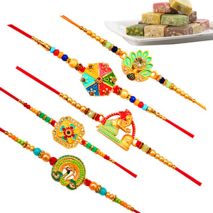 5 Rakhi - Beautiful Rakhi Set With Indian Sweets