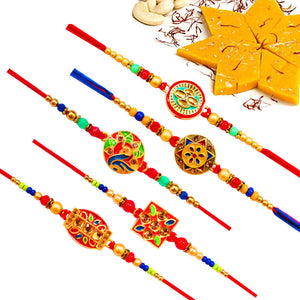 5 Rakhi - Fancy Rakhi Set With Indian Sweet