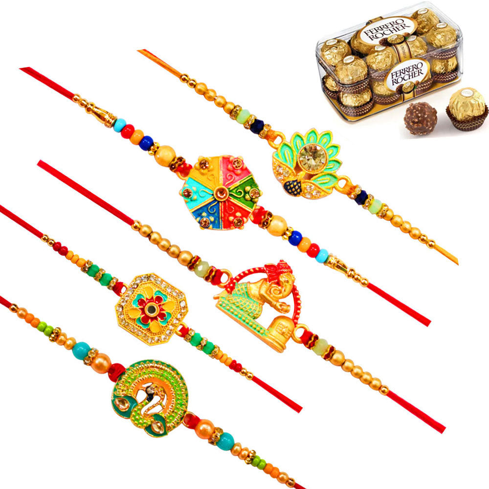 5 Rakhi - Beautiful Rakhi Set With Chocolates