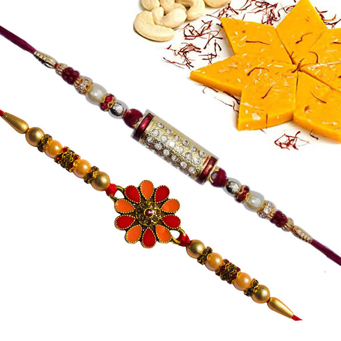 2 Rakhi - Diamond Rakhi With Fresh Kesar Kaju Katli Or Ferrero Rocher Chocolate Box