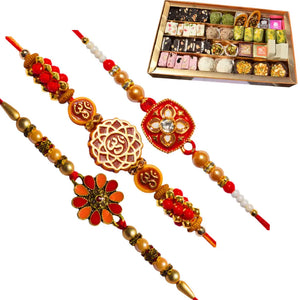 3 Rakhi - Colorful Rakhi Set With Indian Sweets