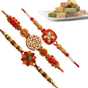 3 Rakhi - Colorful Rakhi Set With Indian Sweets