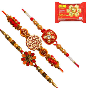 3 Rakhi - Colorful Rakhi Set With Indian Sweets