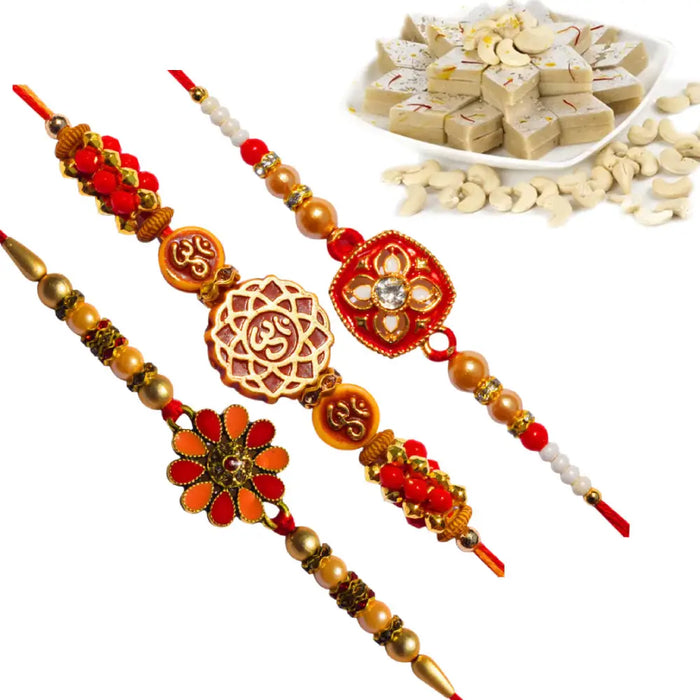 3 Rakhi - Colorful Rakhi Set With Indian Sweets