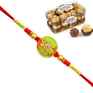 1 Rakhi - Green Round Pendant Rakhi Witth Chocolates