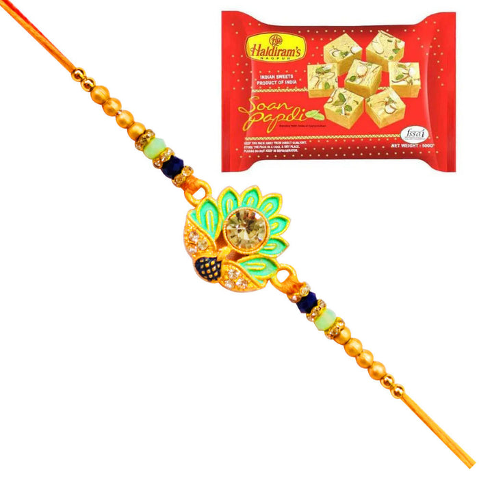 1 Rakhi - Colorful Green Rakhi With Indian Sweets