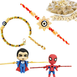 4 Rakhi - Bhaiya Bhabhi, Superman And Spiderman Rakhi Set With Indian Sweets