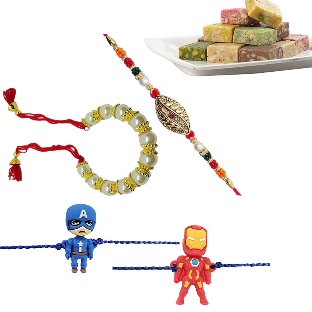 4 Rakhi - Bhaiya Bhabhi And Marvel Kids Rakhi Set With Indian Sweet