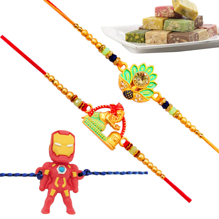 3 Rakhi - Fancy Rakhi Set With Indian Sweets